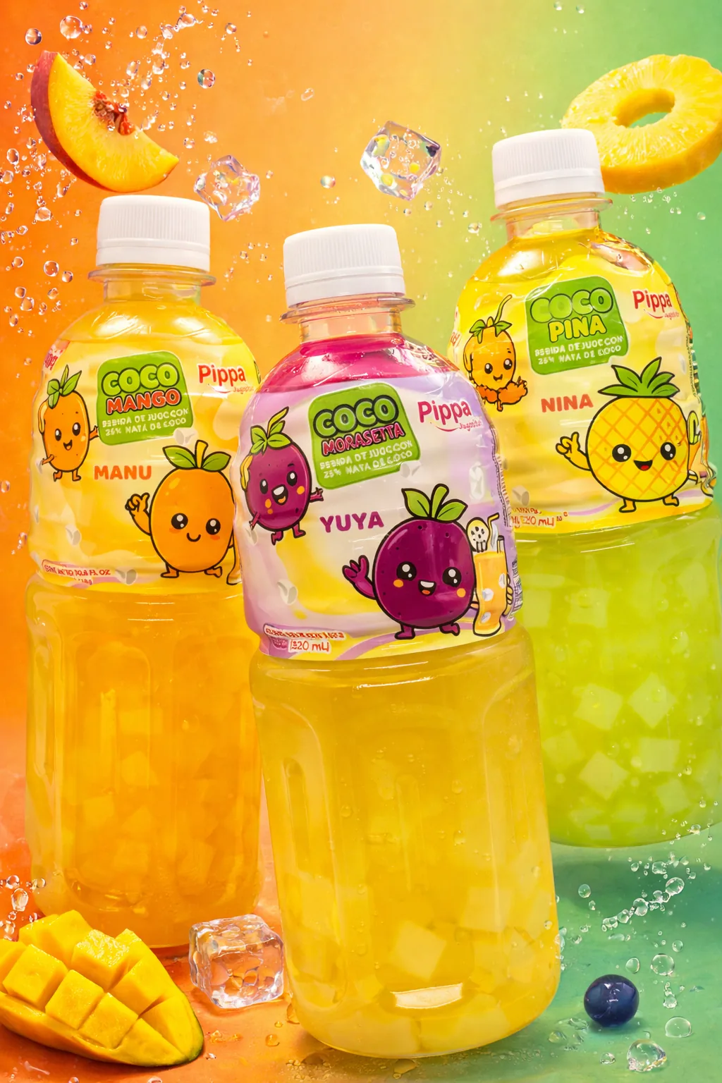 Botellas Pippa de mango, maracuyá y piña con nata de coco